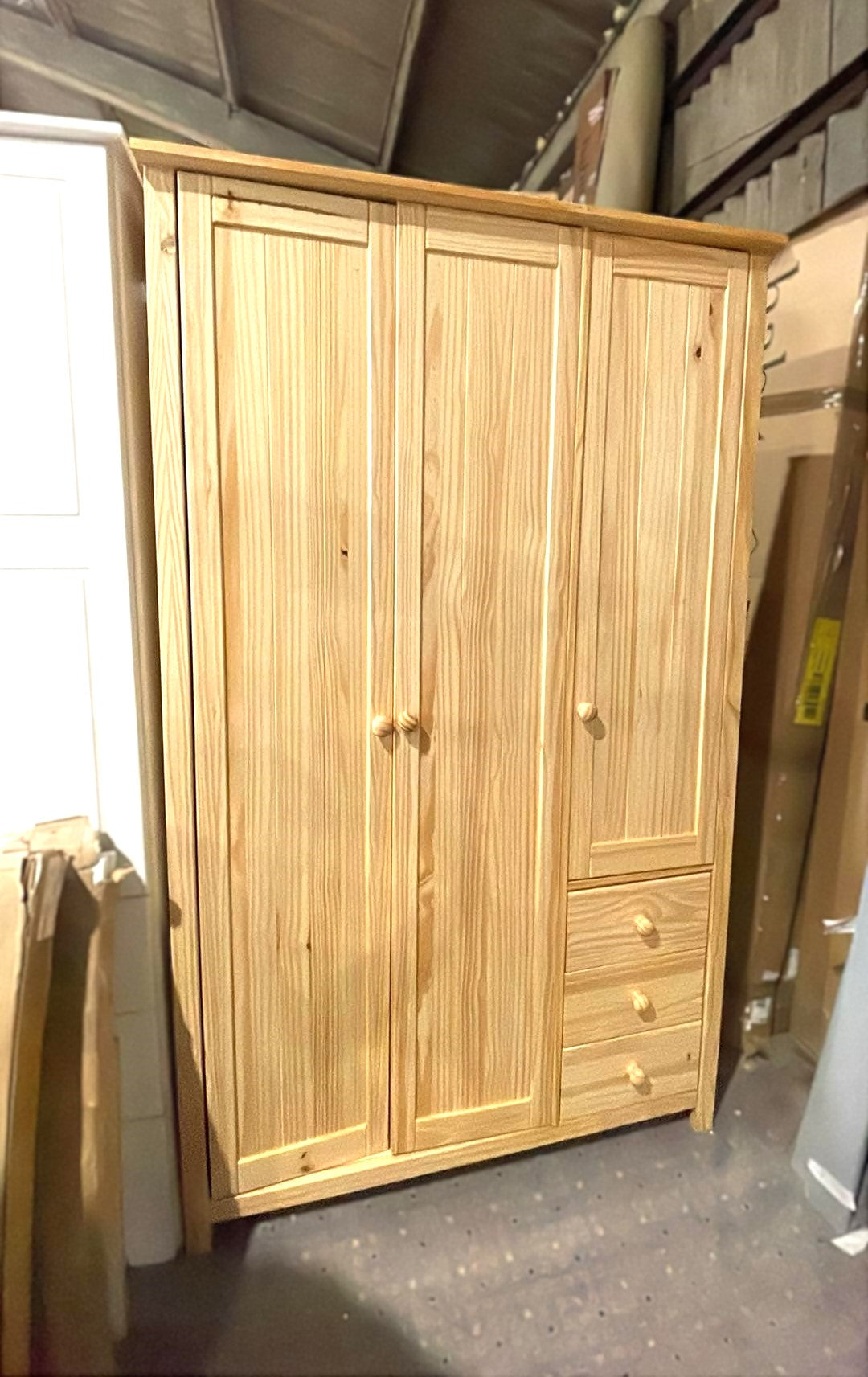 Assembled Scandinavia 3 Door 3 Drawer Wardrobe - Pine