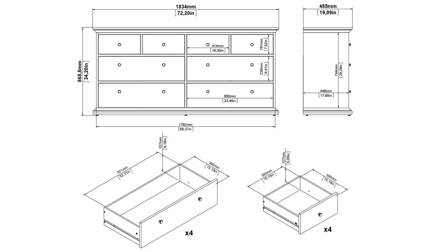 Tvilum Paris 8 Drawer Chest - White