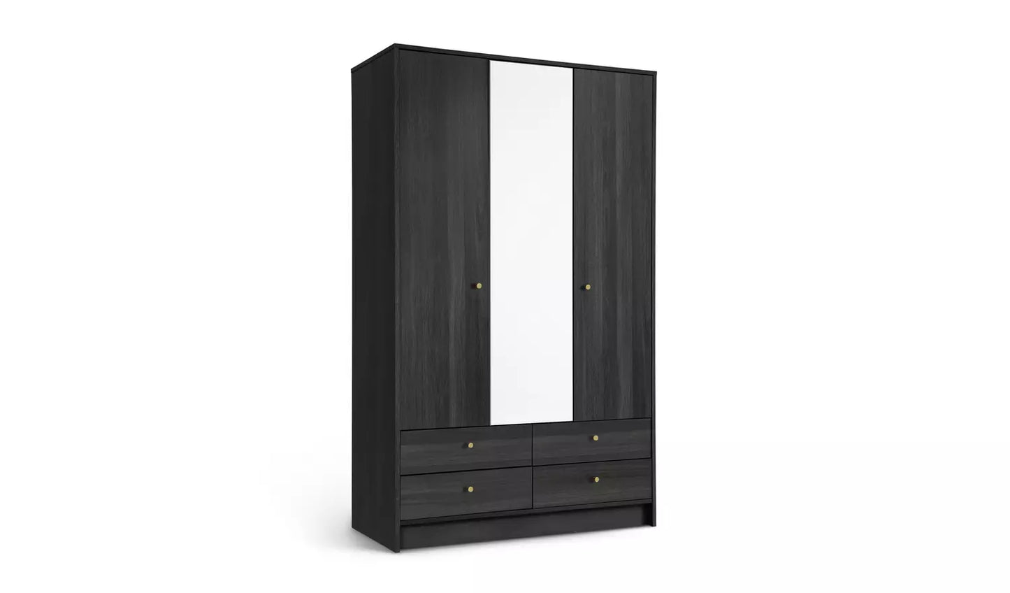 Malibu 3 Door 4 Drawer Mirror Wardrobe - Black Brown
