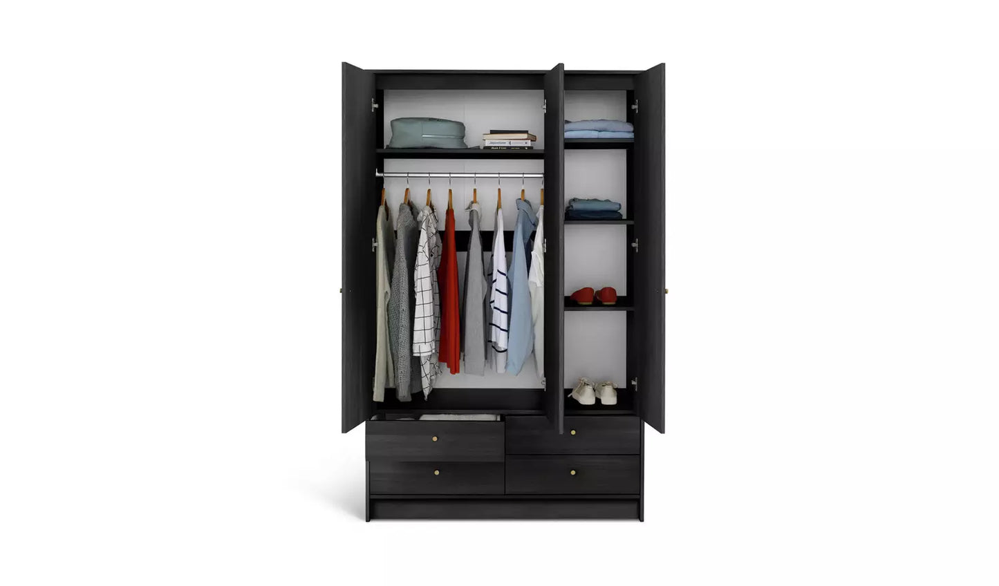Malibu 3 Door 4 Drawer Mirror Wardrobe - Black Brown