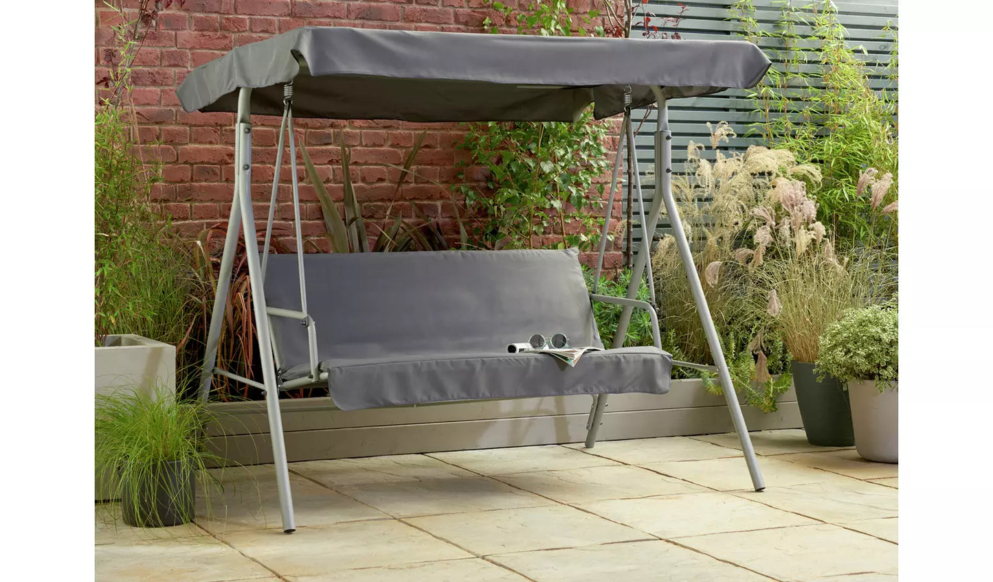 3 Seater Metal Garden Swing Chair - Grey