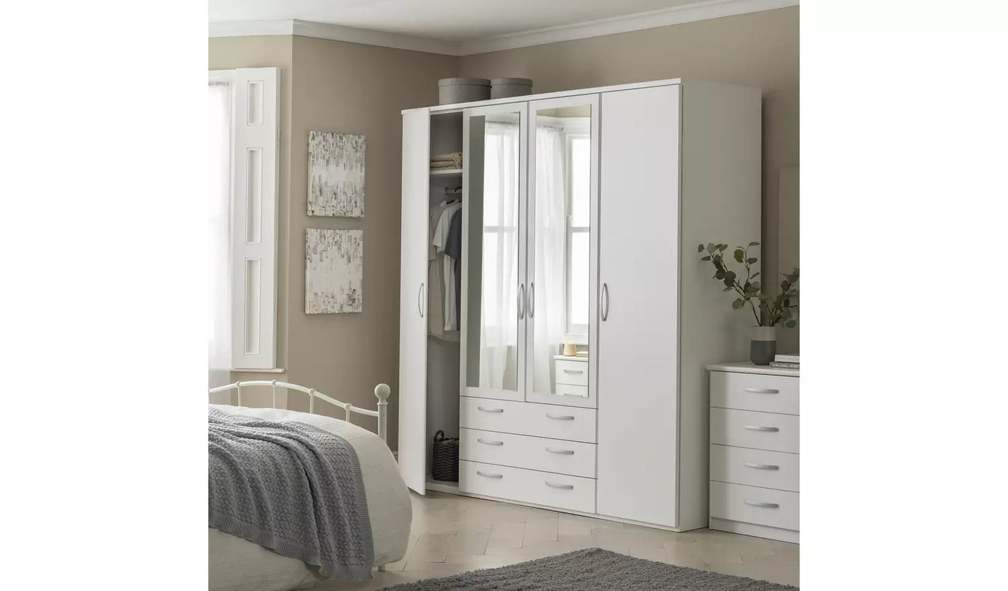 Assembled Hallingford 4 Door 3 Drawer Mirror Wardrobe - White
