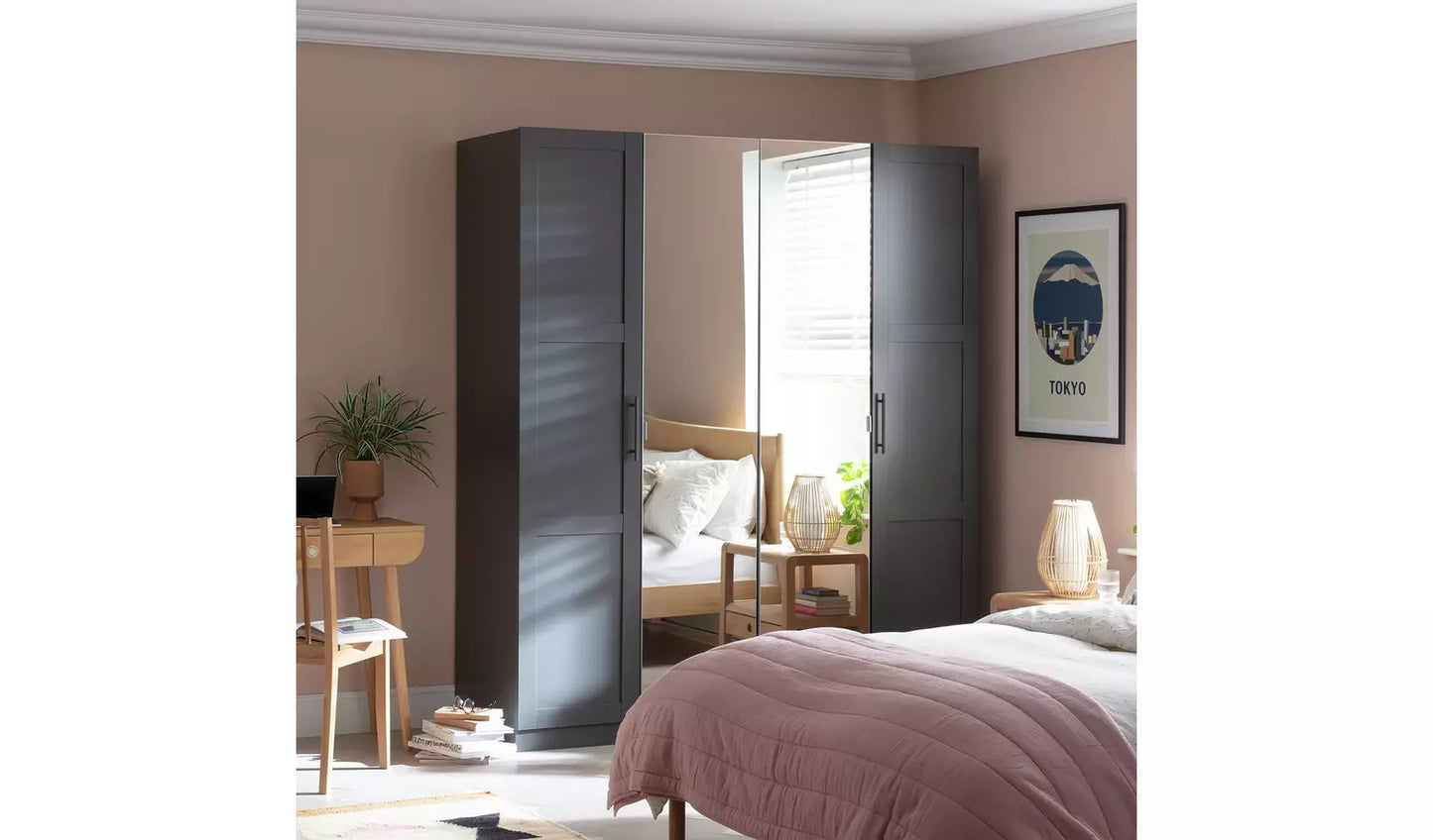Assembled Munich Panelled 4 Door Mirror Wardrobe - Anthracite