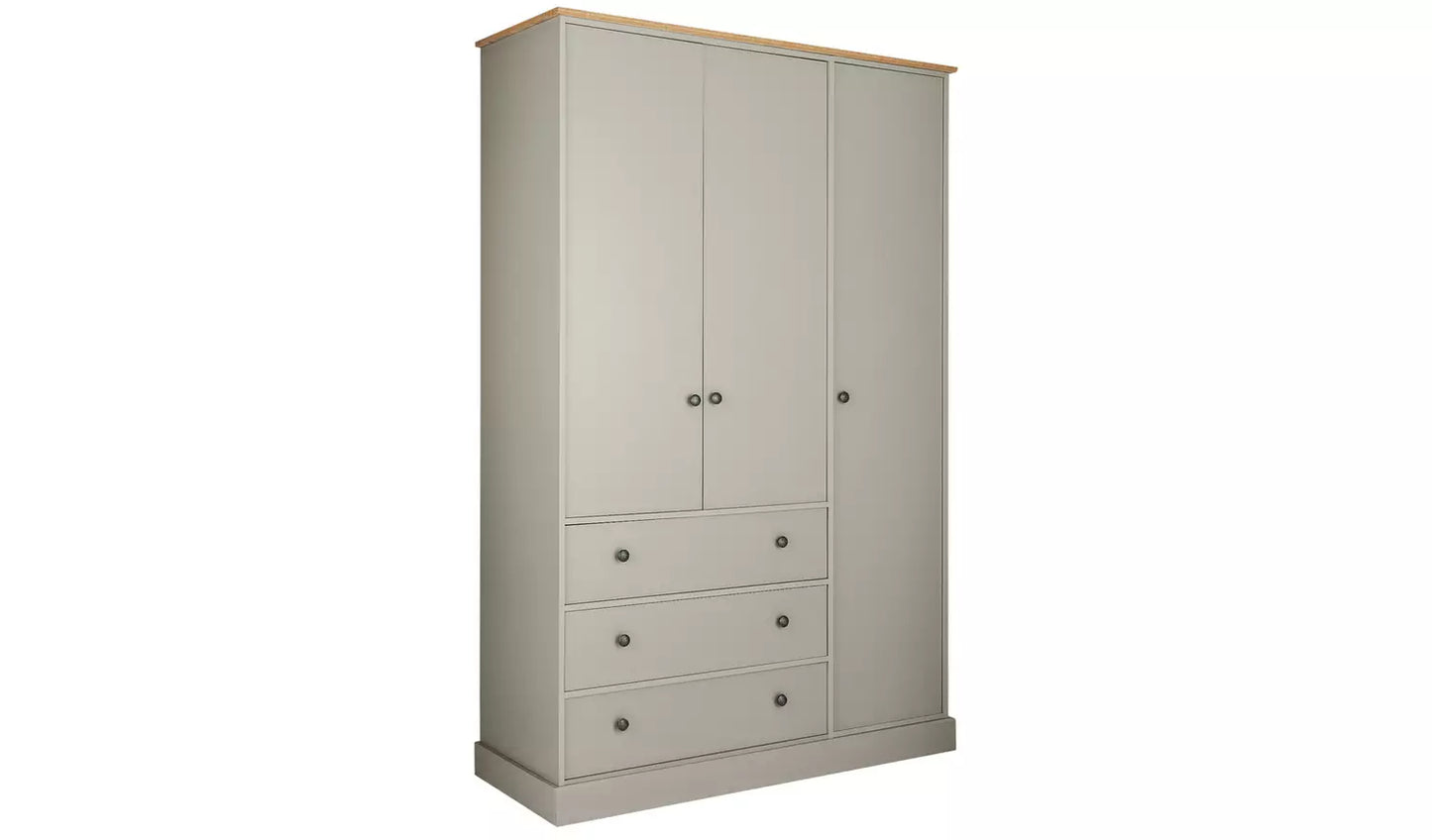 Kensington 3 Door 3 Drawer Wardrobe - Soft Grey /Oak Effect