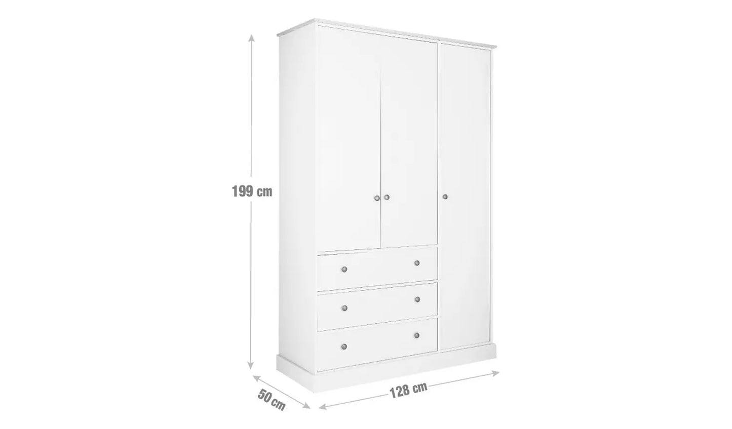 Kensington 3 Door 3 Drawer Wardrobe - Soft Grey /Oak Effect