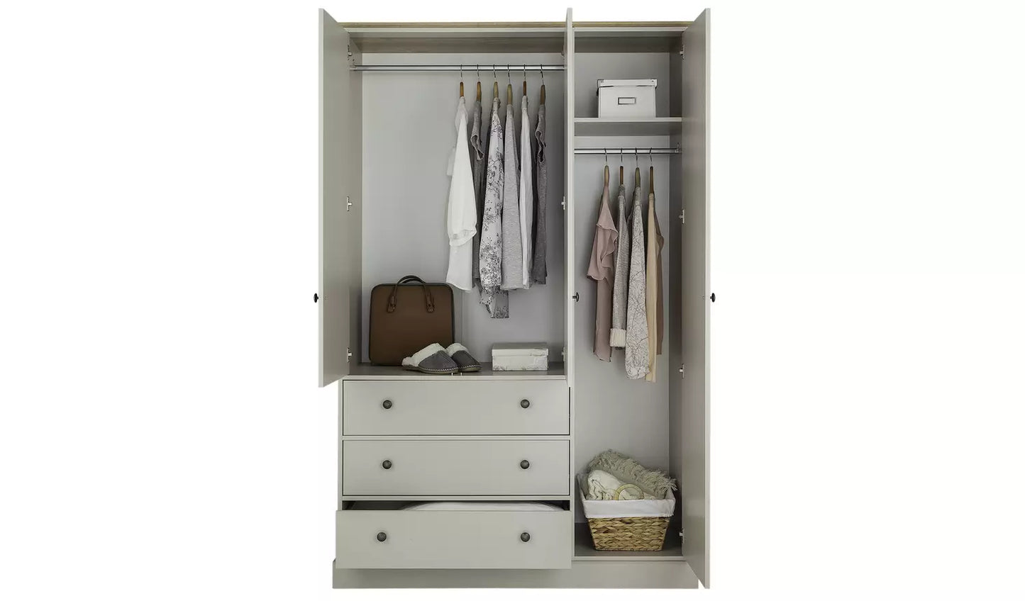 Kensington 3 Door 3 Drawer Wardrobe - Soft Grey /Oak Effect