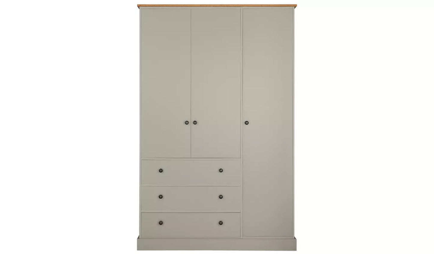 Kensington 3 Door 3 Drawer Wardrobe - Soft Grey /Oak Effect