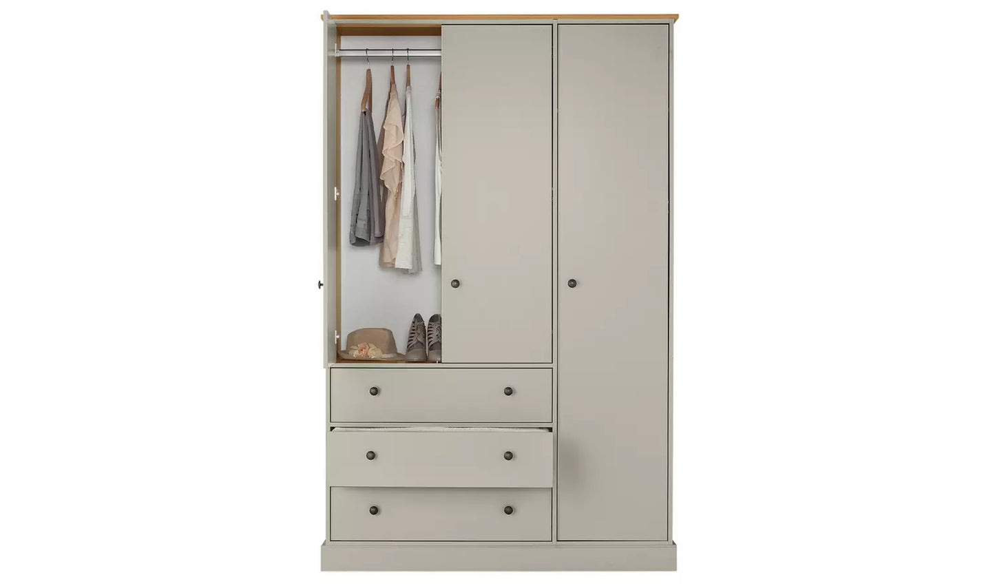Kensington 3 Door 3 Drawer Wardrobe - Soft Grey /Oak Effect