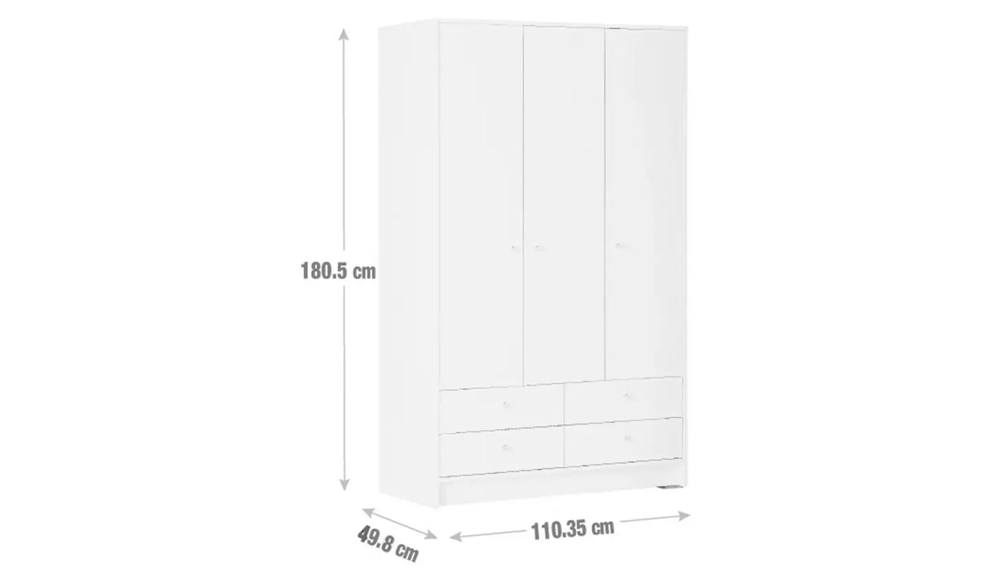 Malibu 3 Door 4 Drawer Wardrobe - White