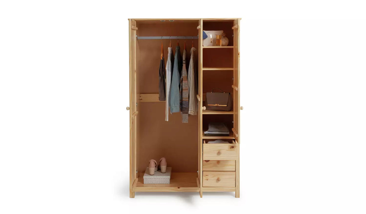 Assembled Scandinavia 3 Door 3 Drawer Wardrobe - Pine