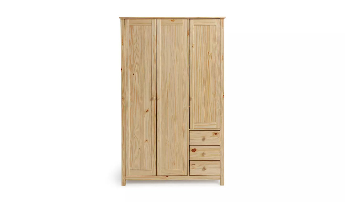 Assembled Scandinavia 3 Door 3 Drawer Wardrobe - Pine