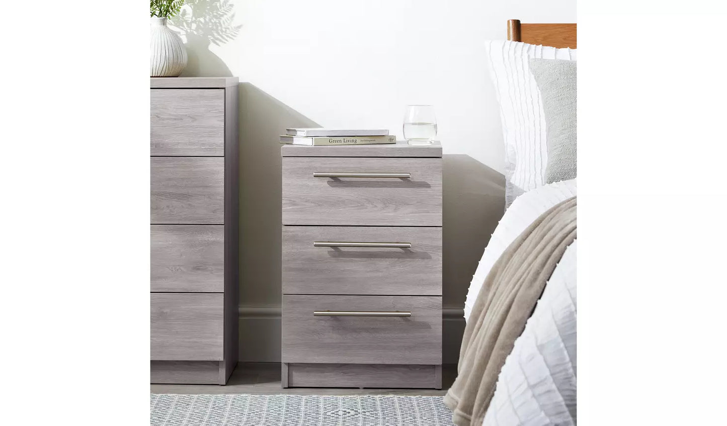 Assembled Brisbane 3 Drawer Bedside – Grey Oak