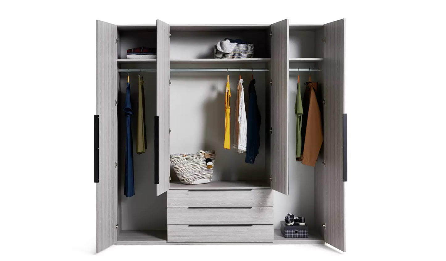 Hallingford 4 Door 3 Drawer Wardrobe - Grey Oak