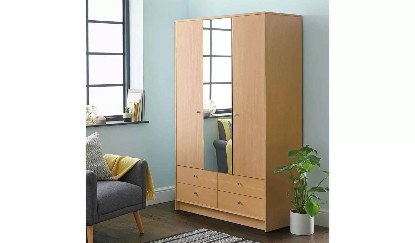 Malibu 3 Door 4 Drawer Mirror Wardrobe - Oak Effect