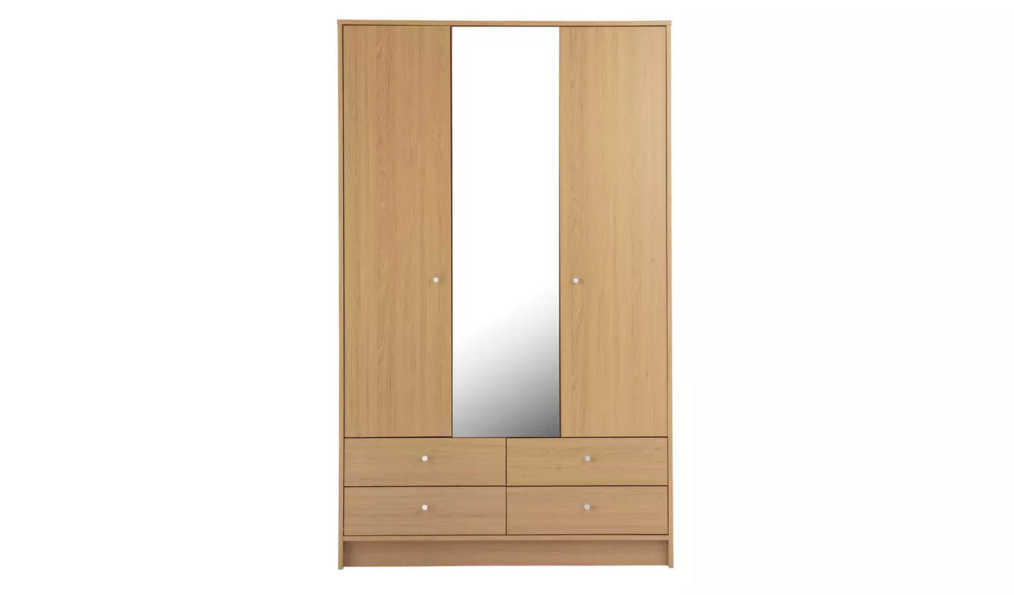 Malibu 3 Door 4 Drawer Mirror Wardrobe - Oak Effect