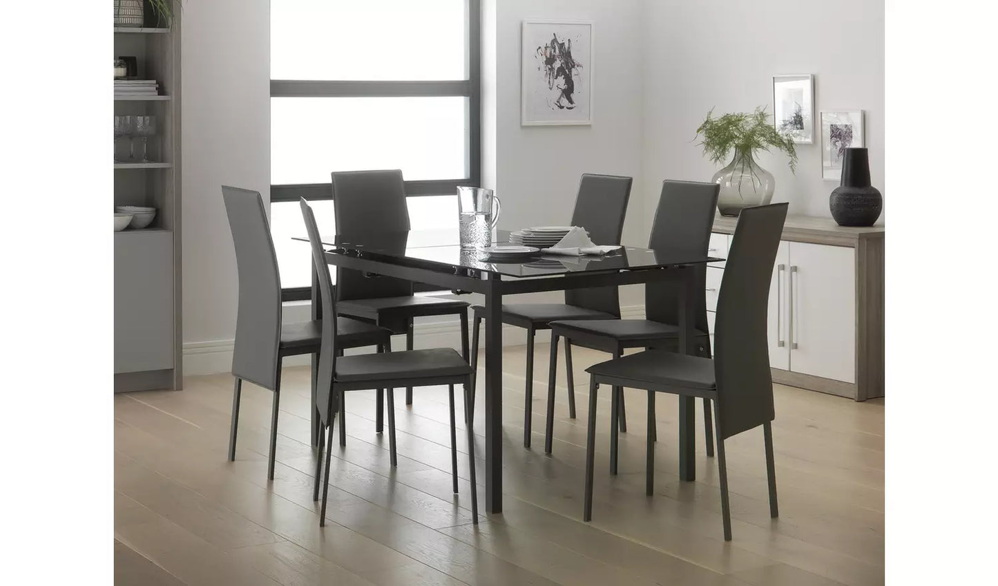 Lido Glass Extending Dining Table & 6 Grey Chairs