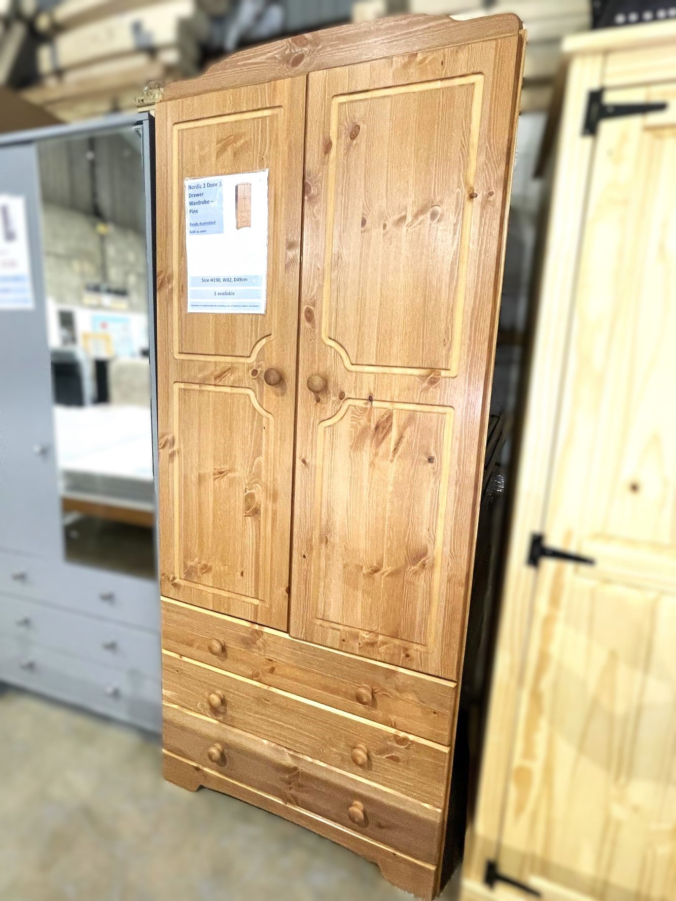 Assembled Nordic 2 Door 3 Drawer Wardrobe - Pine