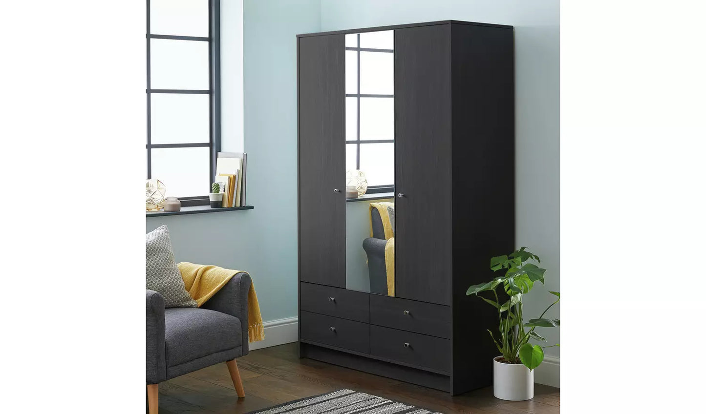 Malibu 3 Door 4 Drawer Mirror Wardrobe - Black Brown