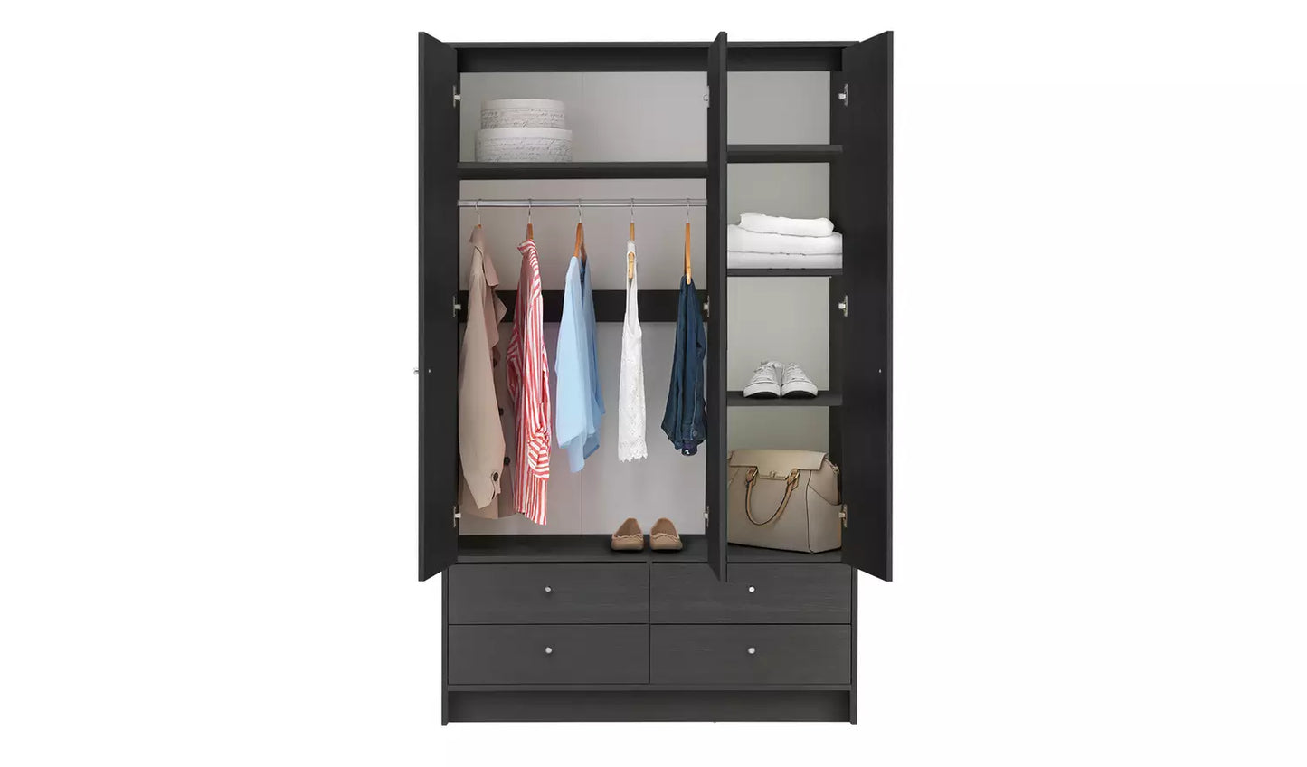 Malibu 3 Door 4 Drawer Mirror Wardrobe - Black Brown