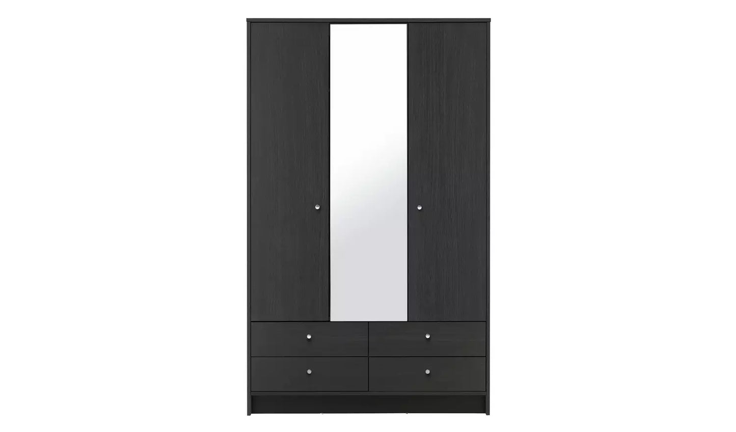 Malibu 3 Door 4 Drawer Mirror Wardrobe -Black Oak