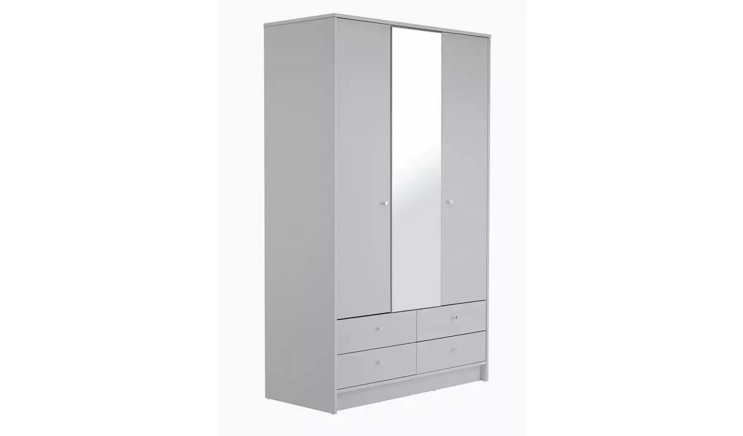 Assembled Malibu 3 Door 4 Drawer Mirror Wardrobe - Grey