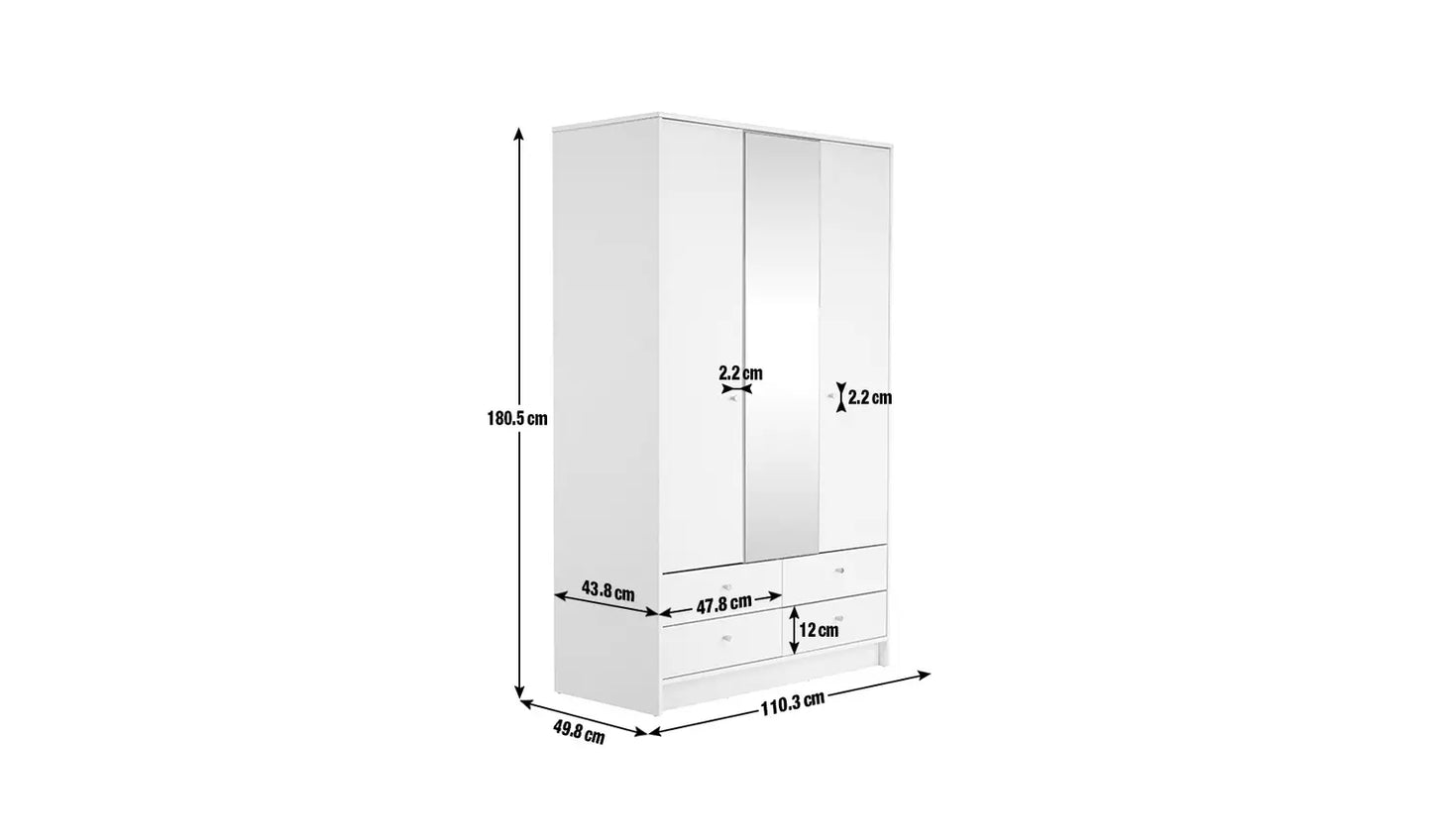 Assembled Malibu 3 Door 4 Drawer Mirror Wardrobe - White