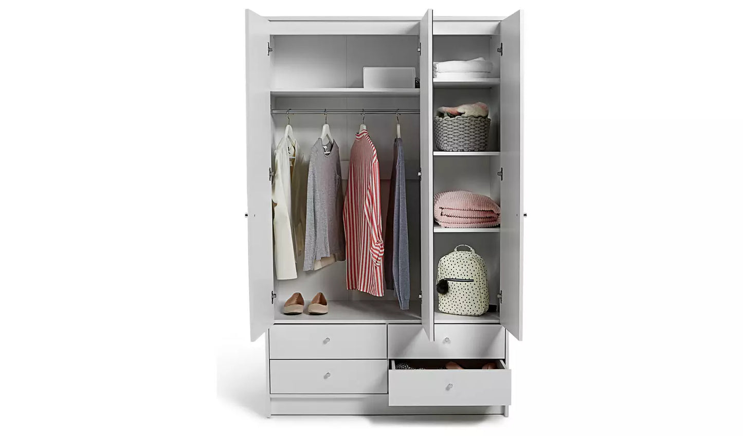 Assembled Malibu 3 Door 4 Drawer Mirror Wardrobe - White