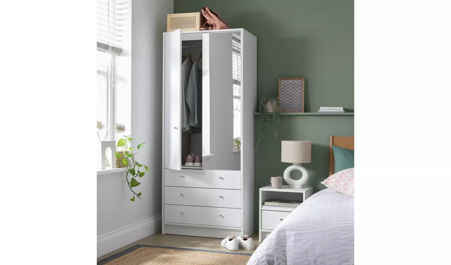 Malibu 2 Door 3 Drawer Mirror Wardrobe - White