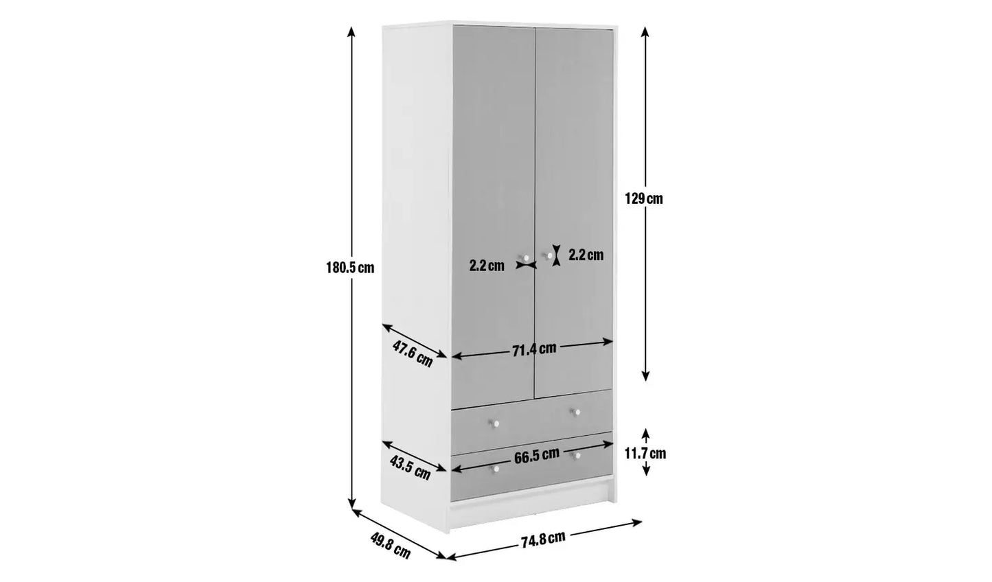 Kids Malibu 2 Door 2 Drawer Wardrobe - Pink & White