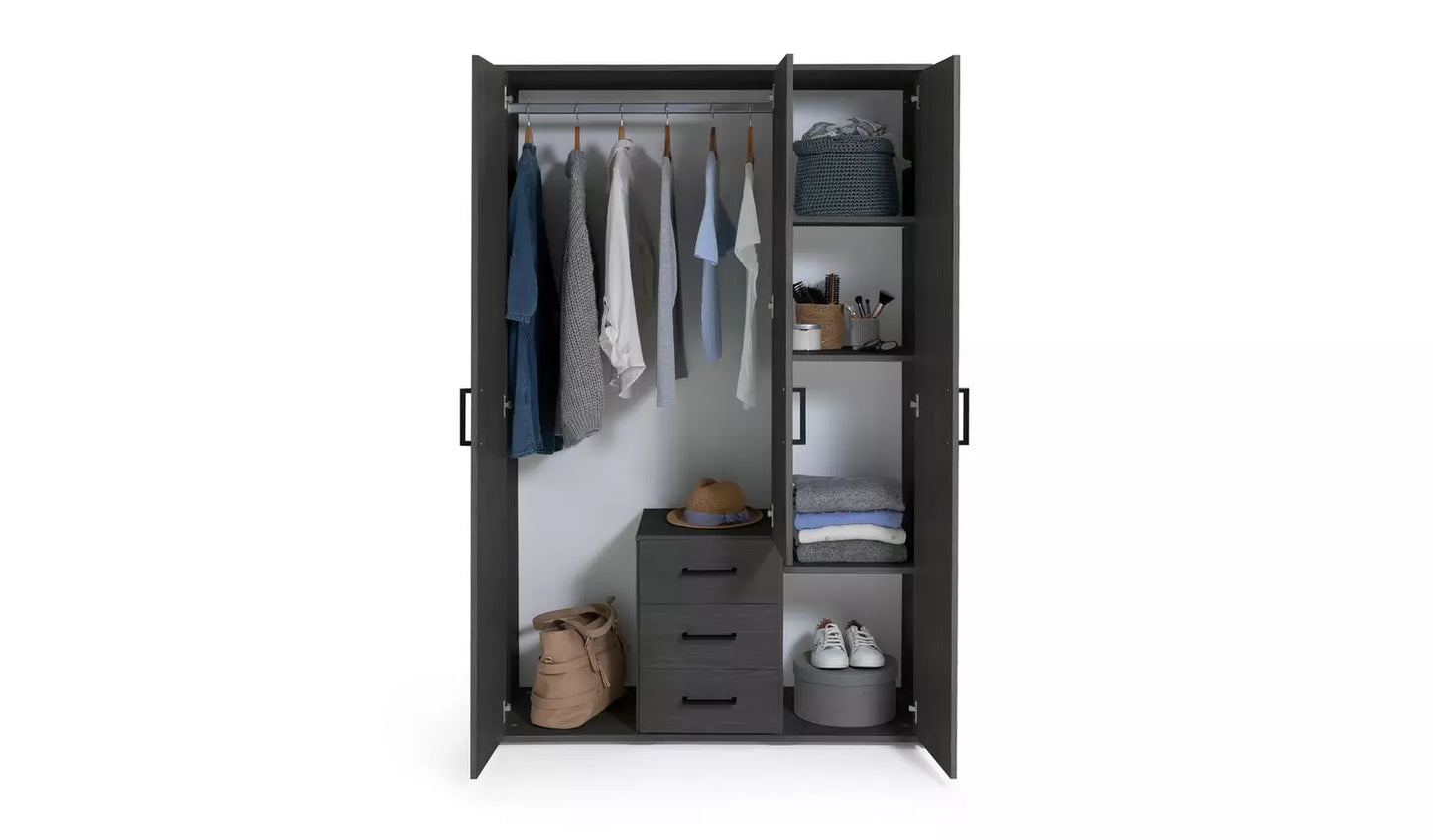 Oslo 3 Door 3 Drawer Wardrobe - Black Oak Effect