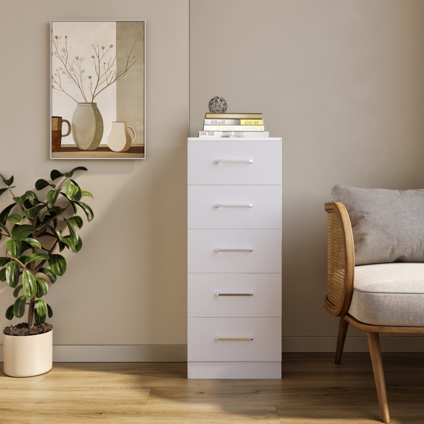 New 5 Drawer Narrow Chest - White
