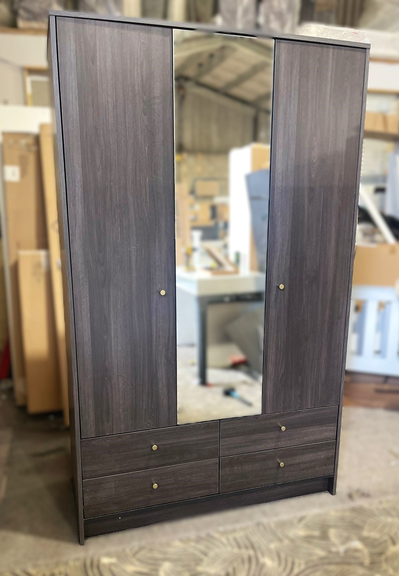 Assembled Malibu 3 Door 4 Drawer Mirror Wardrobe - Black Brown