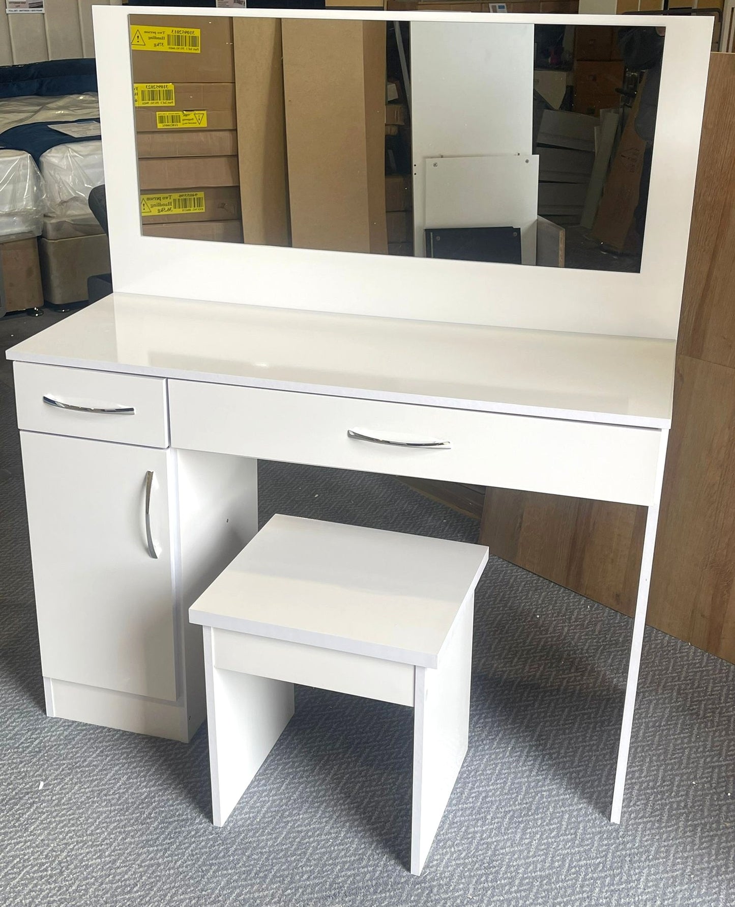 1 Door 2 Drawer Mirror Dressing Table & Stool - White Gloss