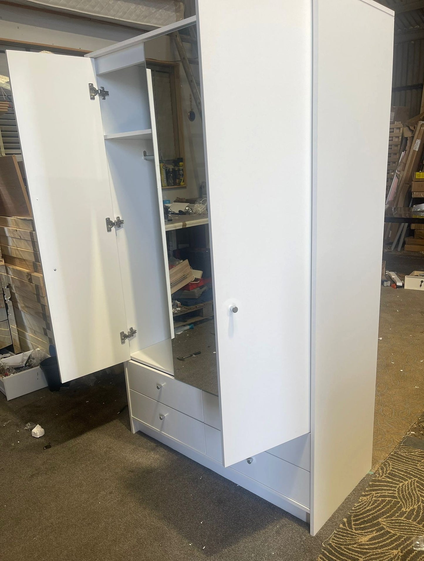 Assembled Malibu 3 Door 4 Drawer Mirror Wardrobe - White