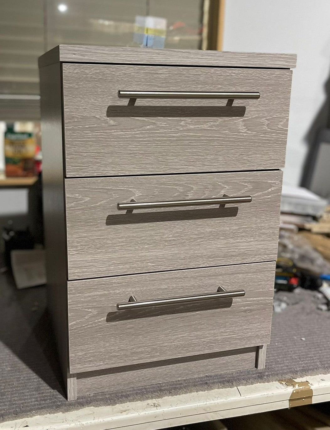Assembled Brisbane 3 Drawer Bedside – Grey Oak