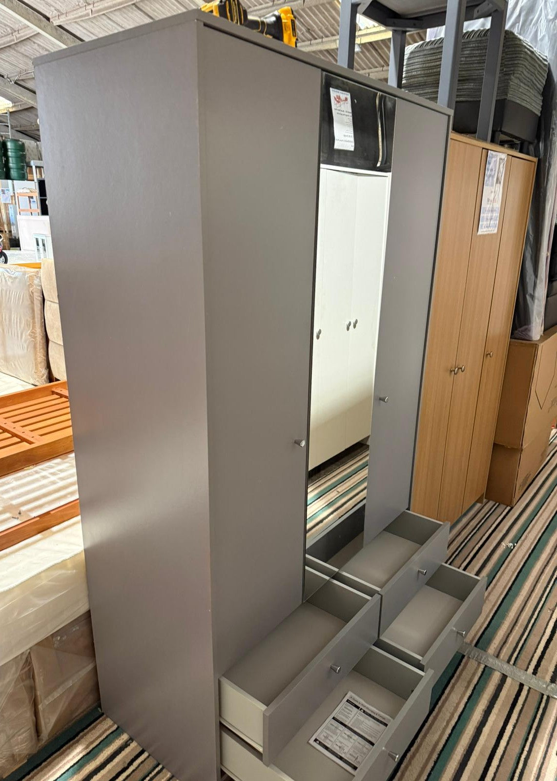 Assembled Malibu 3 Door 4 Drawer Mirror Wardrobe - Grey