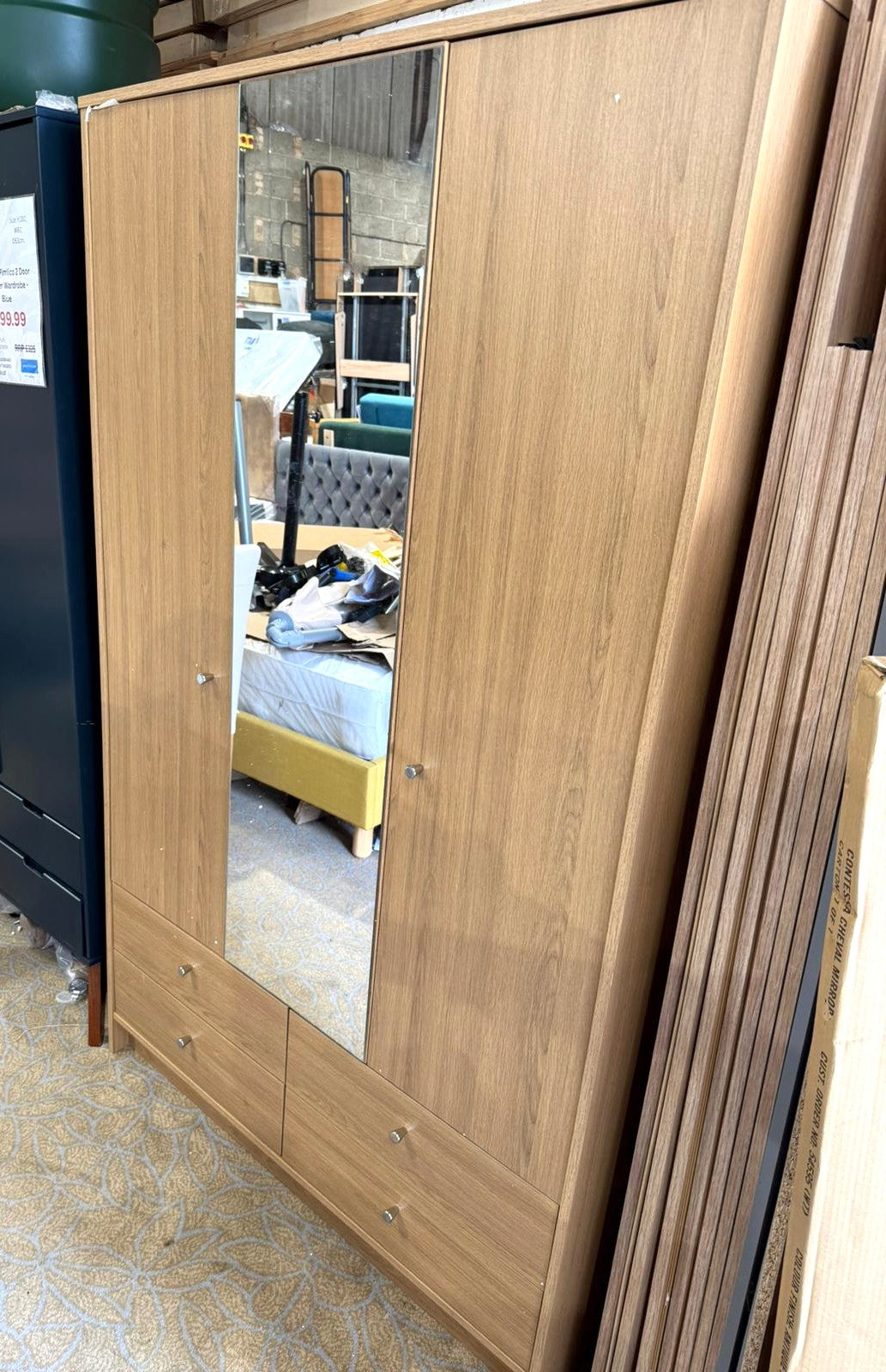 Assembled Malibu 3 Door 4 Drawer Mirror Wardrobe - Oak Effect