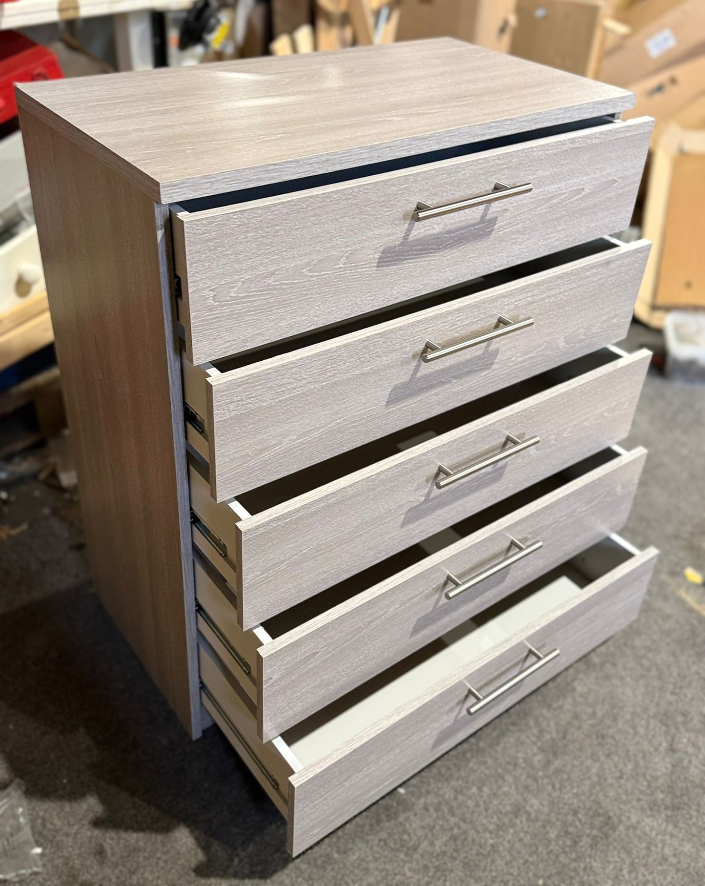 Assembled Brisbane 5 drawers Chest – Grey Oak