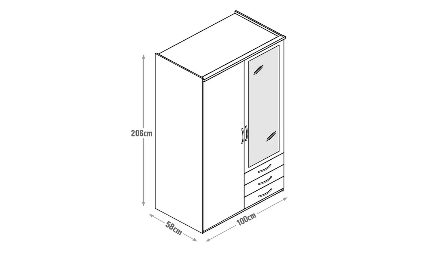 Assembled Hallingford 2 Door 3 Drawer Mirror Wardrobe - White