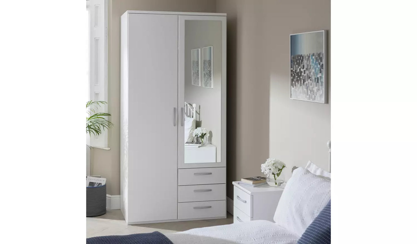 Assembled Hallingford 2 Door 3 Drawer Mirror Wardrobe - White