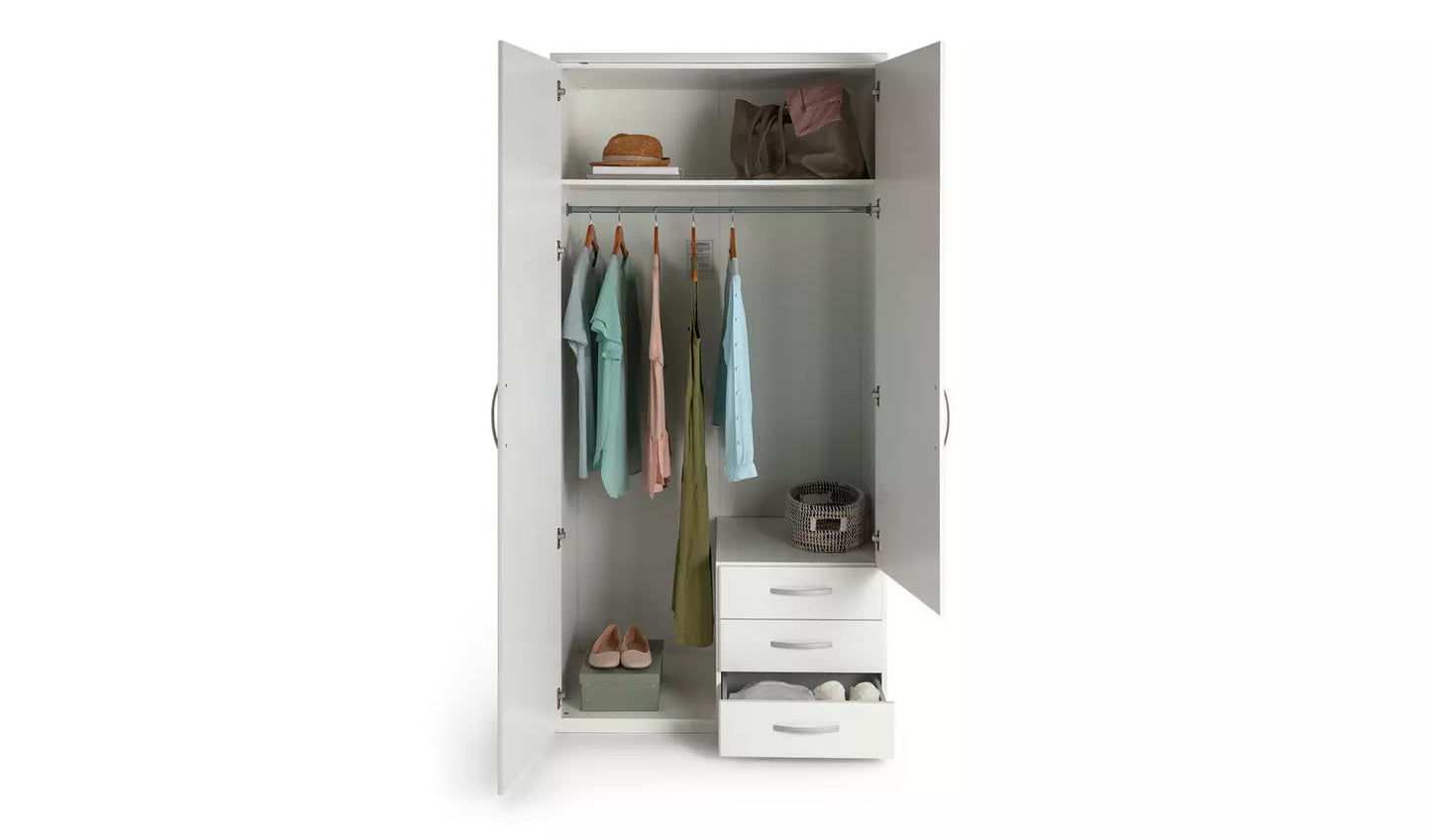 Assembled Hallingford 2 Door 3 Drawer Mirror Wardrobe - White