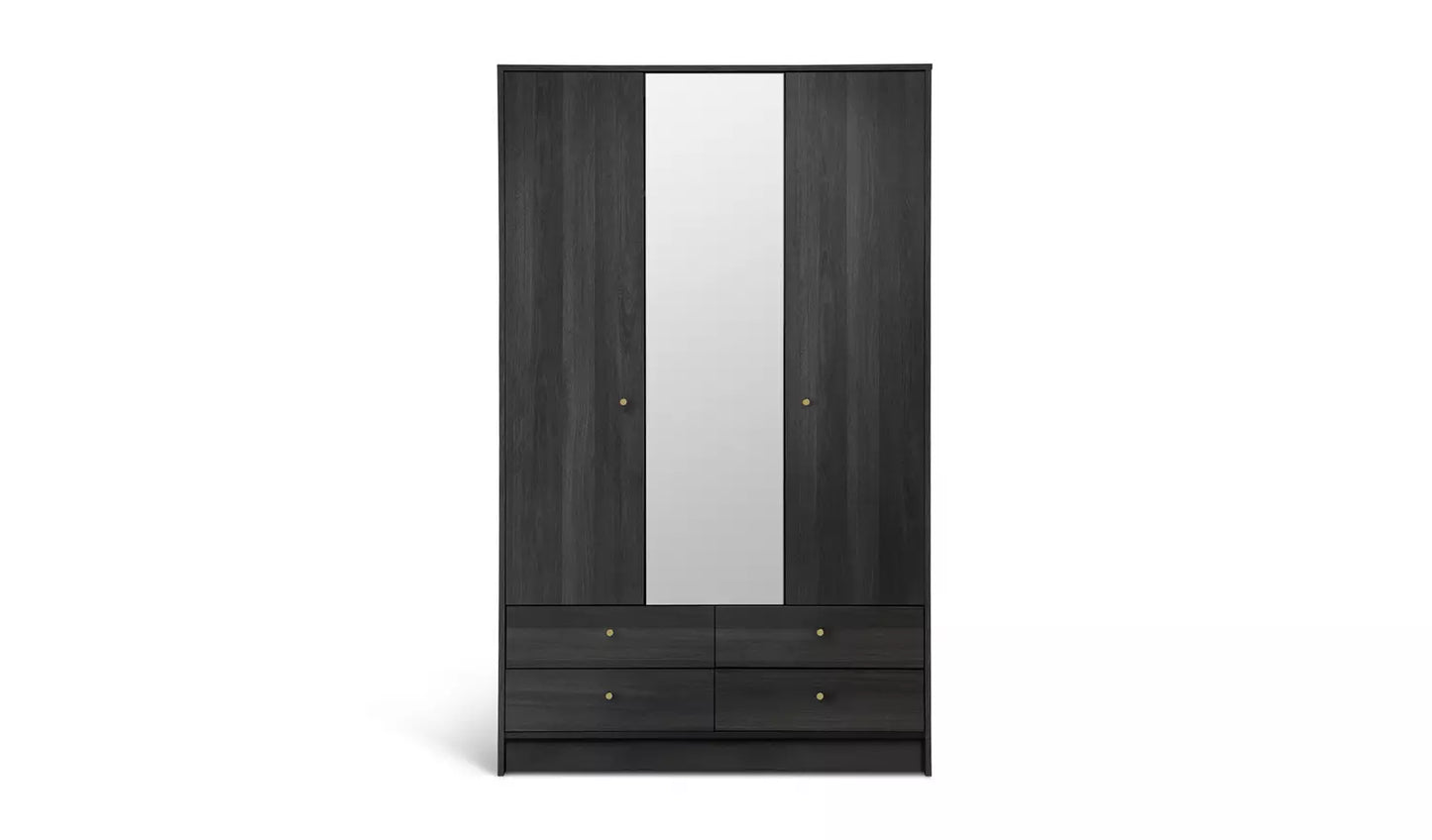 Assembled Malibu 3 Door 4 Drawer Mirror Wardrobe - Black Brown