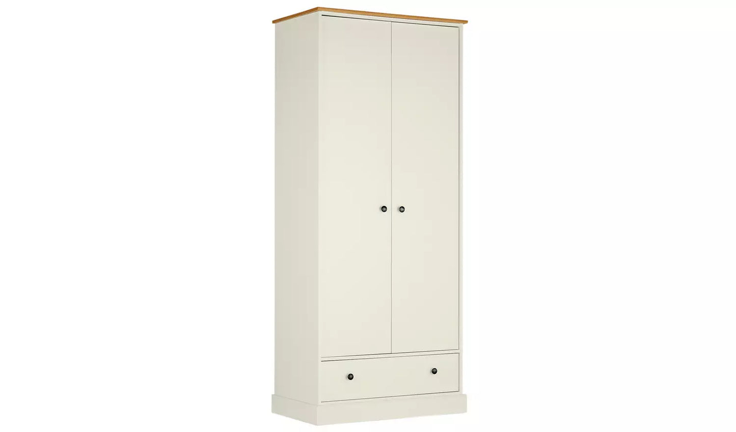 Assembled Kensington 2 Door 1 Drawer Wardrobe - Oak Effect & Ivory