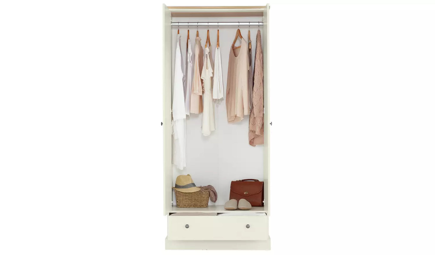 Assembled Kensington 2 Door 1 Drawer Wardrobe - Oak Effect & Ivory