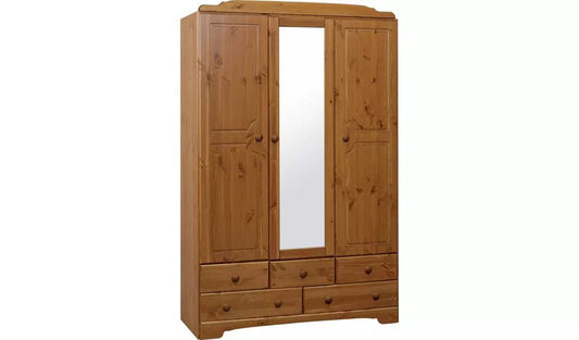 Nordic 3 Door 5 Drawer Mirror Wardrobe - Pine