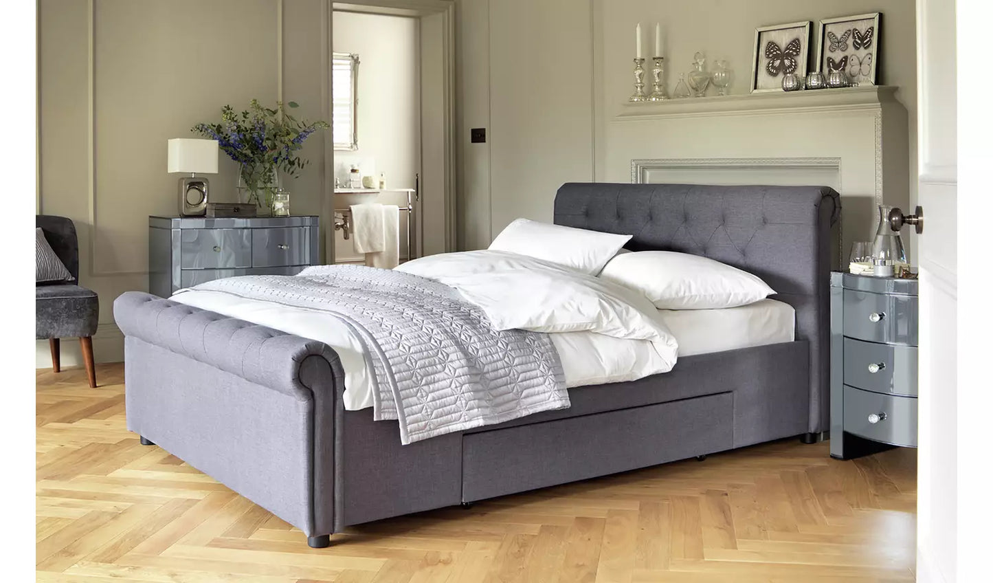 Assembled Newbury Double 2 Drawer Fabric Bed Frame - Grey