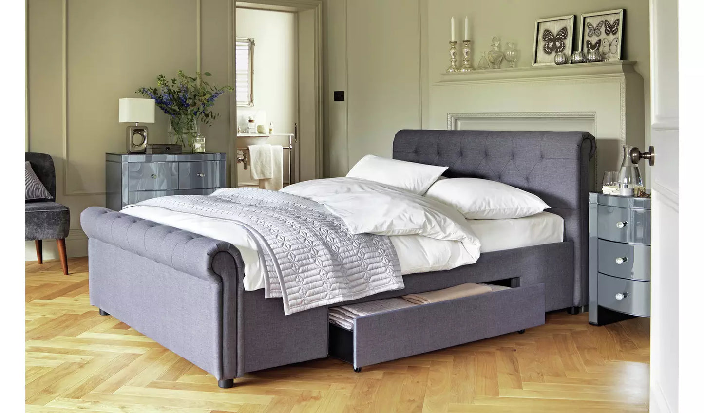 Assembled Newbury Double 2 Drawer Fabric Bed Frame - Grey
