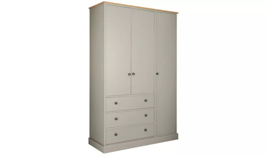 Kensington 3 Door 3 Drawer Wardrobe - Soft Grey /Oak Effect