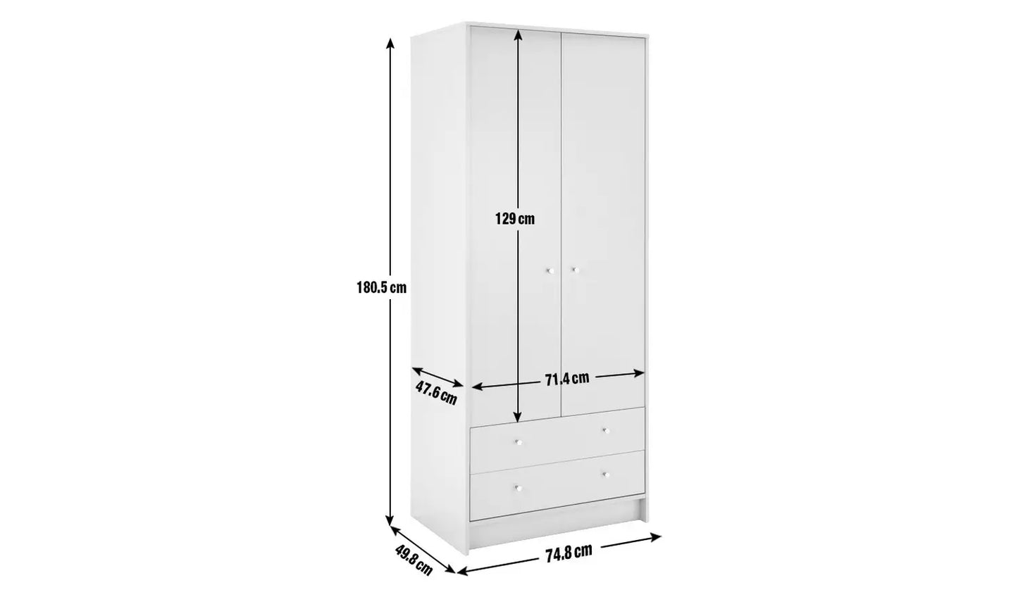 Assembled Malibu 2 Door 2 Drawer Wardrobe - Grey