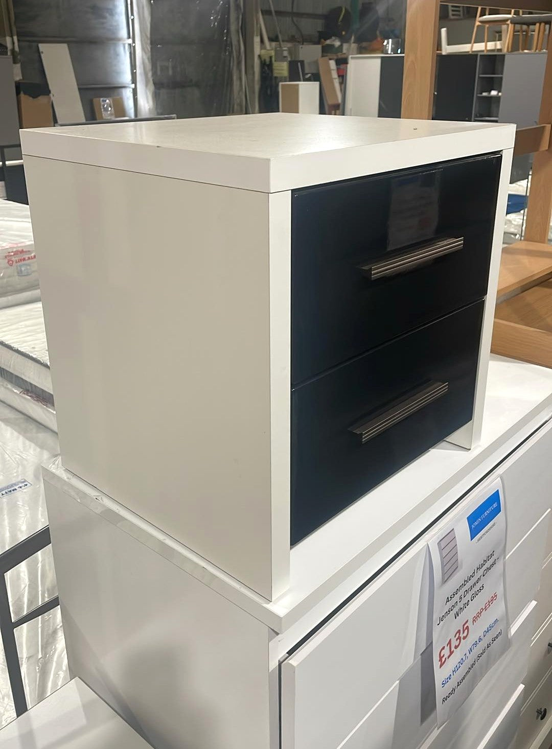 Assembled Broadway 2 Drawer Bedside Table - Black Gloss & White